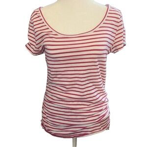 Active Seller! Ann Taylor Striped Pink and White Ruched Side Tee Medium